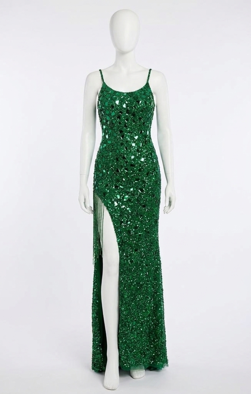 NEW RACHEL ALLAN fringed sequin high slit gown in emerald